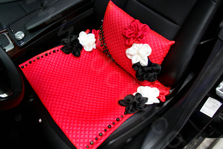 Sexy Crystal Beads Rose Universal Car Seat Cushion Women Genuine Sheepskin Pad 1pcs - Red