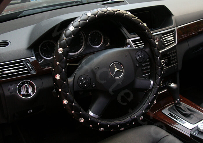 Top Luxury Auto Car Steering Wheel Cover Crystal Genuine leather 14 inch 36CM - Black