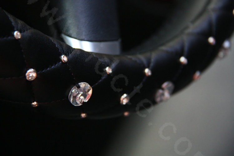 Top Luxury Auto Car Steering Wheel Cover Crystal Genuine leather 14 inch 36CM - Black