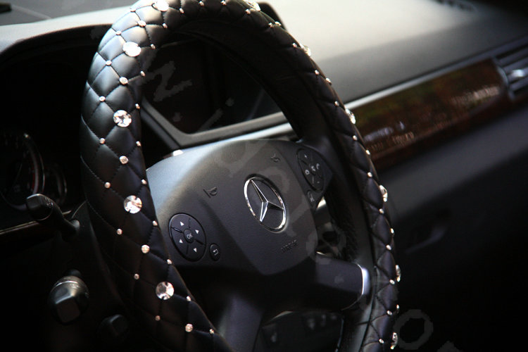 Top Luxury Auto Car Steering Wheel Cover Crystal Genuine leather 14 inch 36CM - Black