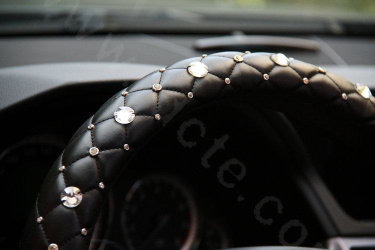 Top Luxury Auto Car Steering Wheel Cover Crystal Genuine leather 14 inch 36CM - Black
