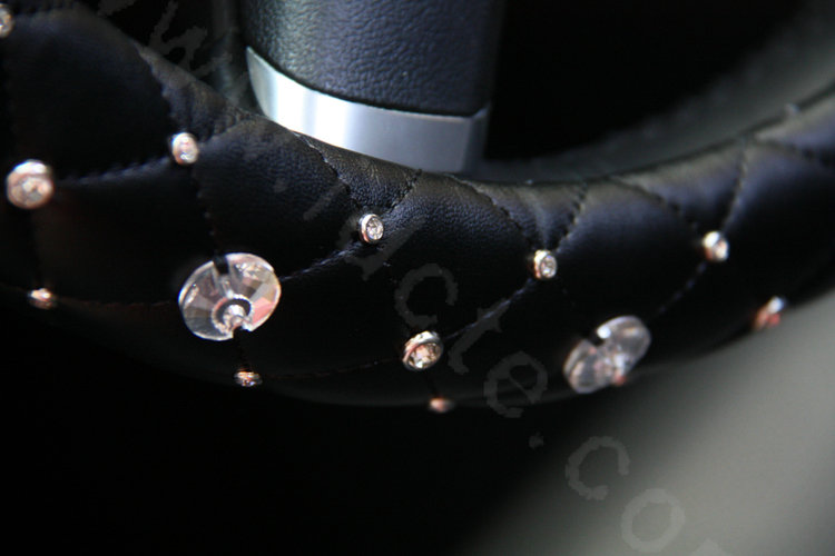 Top Luxury Auto Car Steering Wheel Cover Crystal Genuine leather 14 inch 36CM - Black