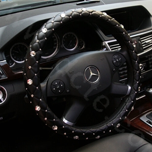 Top Luxury Auto Car Steering Wheel Cover Crystal Genuine leather 15 inch 38CM - Black