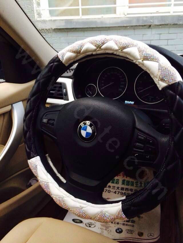 Top Luxury Women Car Steering Wheel Covers Crystal PU leather 15 inch 38CM - Black White
