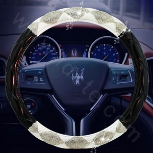 Top Luxury Women Car Steering Wheel Covers Crystal PU leather 15 inch 38CM - Black White