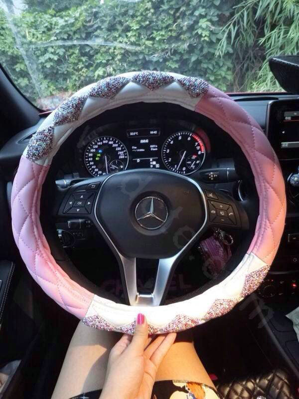 Top Luxury Women Car Steering Wheel Covers Crystal PU leather 15 inch 38CM - Pink White