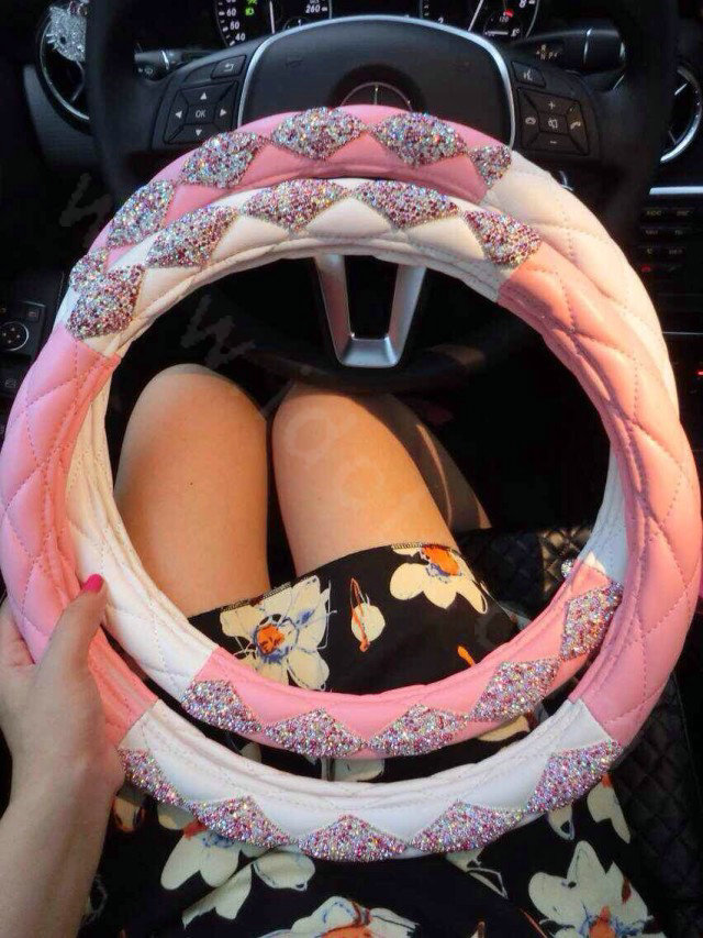 Top Luxury Women Car Steering Wheel Covers Crystal PU leather 15 inch 38CM - Pink White