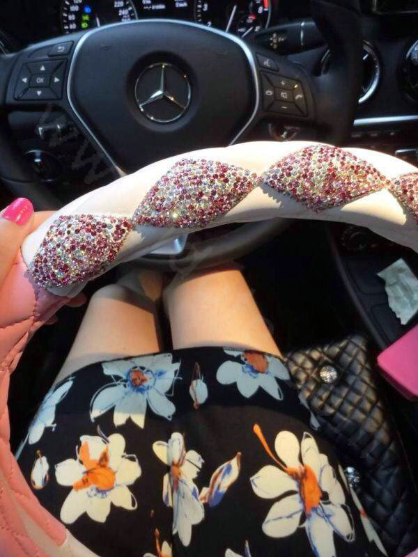 Top Luxury Women Car Steering Wheel Covers Crystal PU leather 15 inch 38CM - Pink White