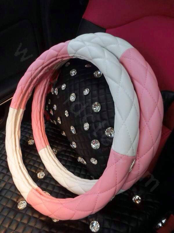 Top Luxury Women Car Steering Wheel Covers Crystal PU leather 15 inch 38CM - Pink White