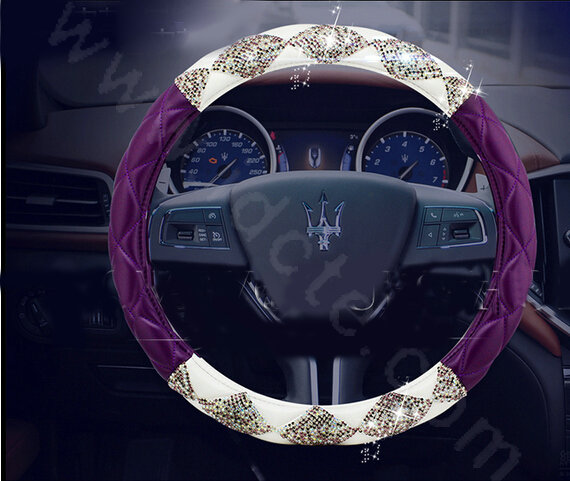 Top Luxury Women Car Steering Wheel Covers Crystal PU leather 15 inch 38CM - Purple White