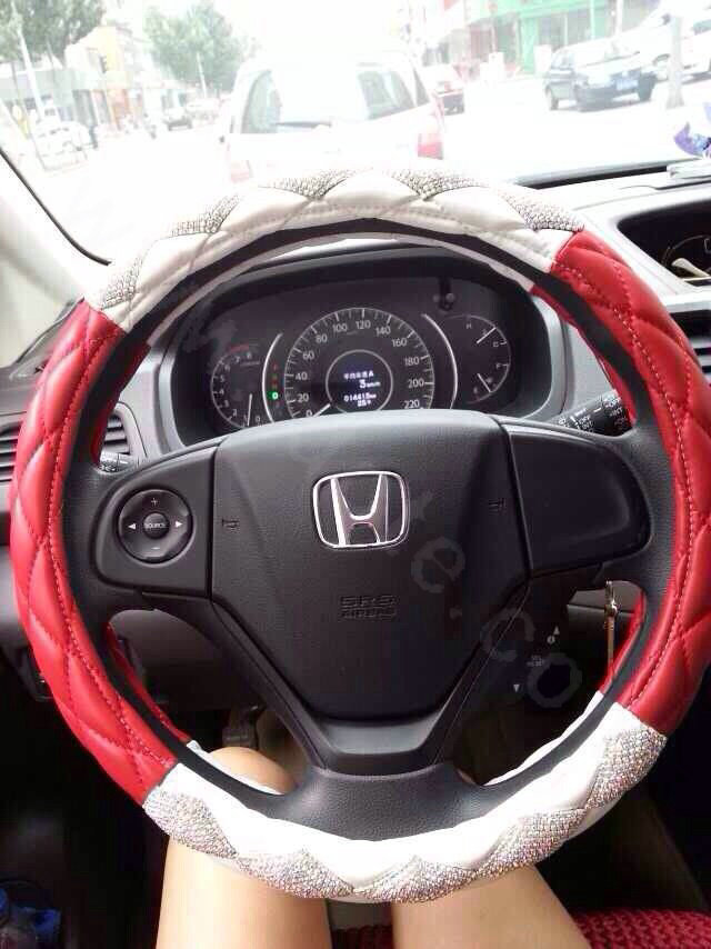 Top Luxury Women Car Steering Wheel Covers Crystal PU leather 15 inch 38CM - Red White