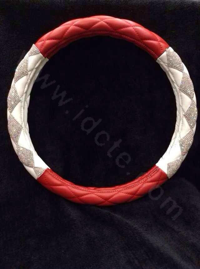 Top Luxury Women Car Steering Wheel Covers Crystal PU leather 15 inch 38CM - Red White