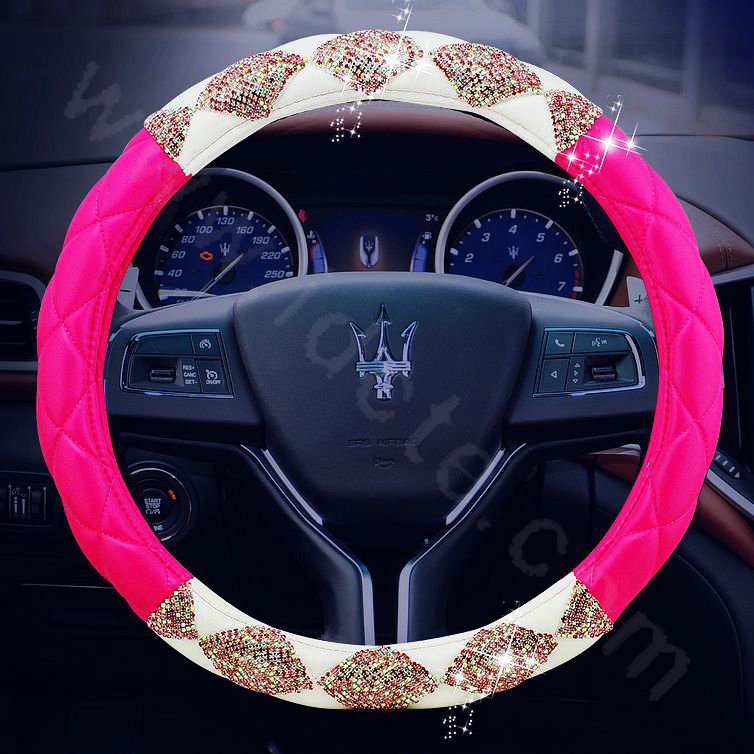 Top Luxury Women Car Steering Wheel Covers Crystal PU leather 15 inch 38CM - Rose White