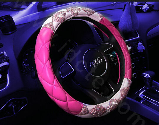 Top Luxury Women Car Steering Wheel Covers Crystal PU leather 15 inch 38CM - Rose White