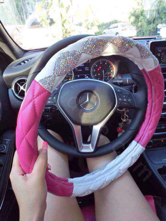 Top Luxury Women Car Steering Wheel Covers Crystal PU leather 15 inch 38CM - Rose White