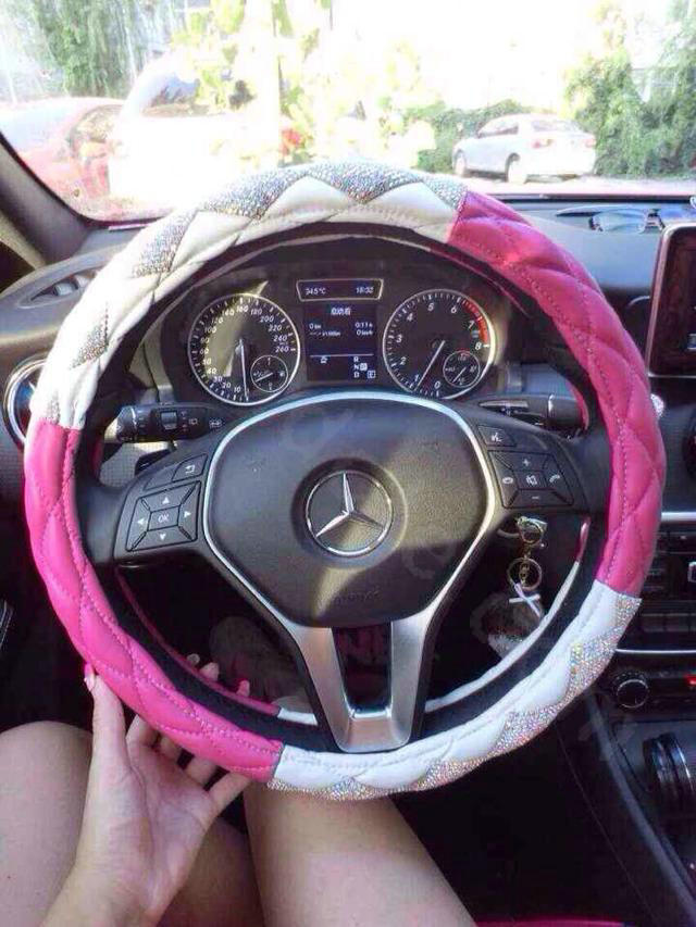 Top Luxury Women Car Steering Wheel Covers Crystal PU leather 15 inch 38CM - Rose White