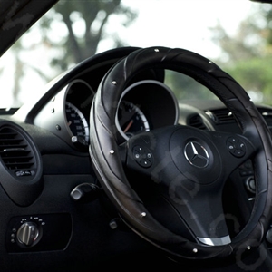 Top grade Man Diamond Grip Auto Steering Wheel Covers Genuine Cowhide 15 inch 38CM - Black