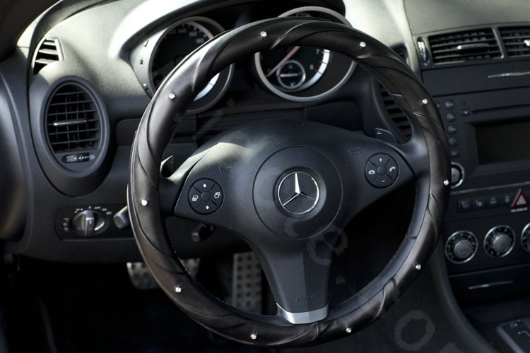 Top grade Man Diamond Grip Auto Steering Wheel Covers Genuine Cowhide 16 inch 40CM - Black