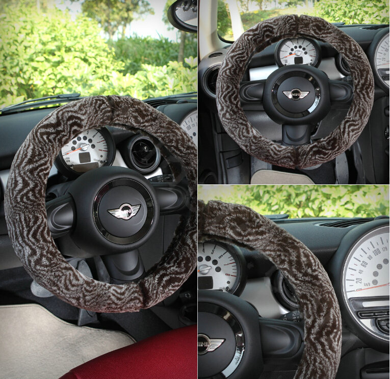 Top grade Winter Zebra Rex Rabbit Fur Car Steering Wheel Covers 15 inch 38CM - Brown