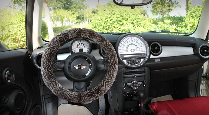 Top grade Winter Zebra Rex Rabbit Fur Car Steering Wheel Covers 15 inch 38CM - Brown