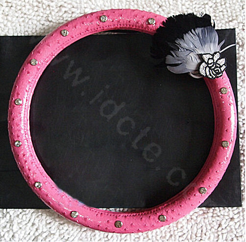 Unique Diamond Feather Flowers Car Steering Wheel Covers Genuine Leather 15 inch 38CM - Rose