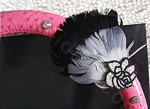 Unique Diamond Feather Flowers Car Steering Wheel Covers Genuine Leather 15 inch 38CM - Rose