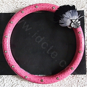Unique Diamond Feather Flowers Car Steering Wheel Covers Genuine Leather 15 inch 38CM - Rose