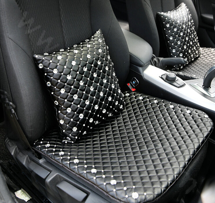 Unique Full Rhinestone Auto Lumbar Pillow Genuine Sheepskin Support Cushion 1pcs - Black