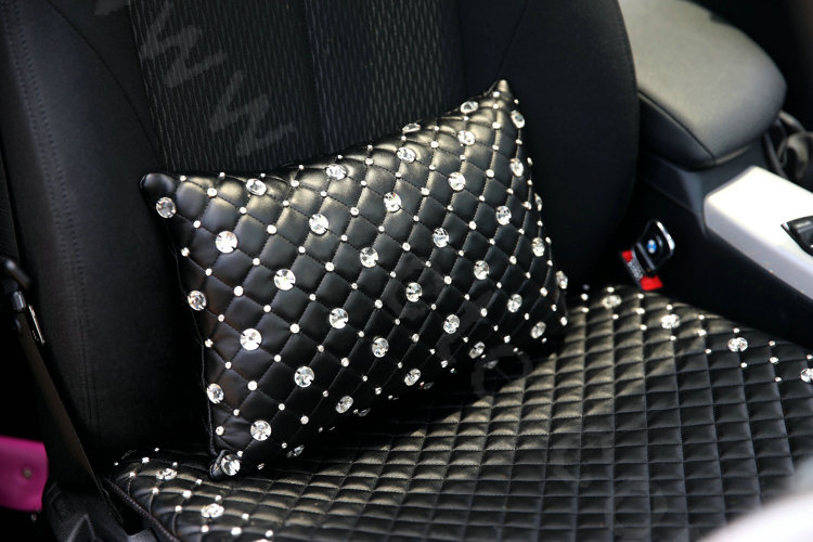 Unique Full Rhinestone Auto Lumbar Pillow Genuine Sheepskin Support Cushion 1pcs - Black