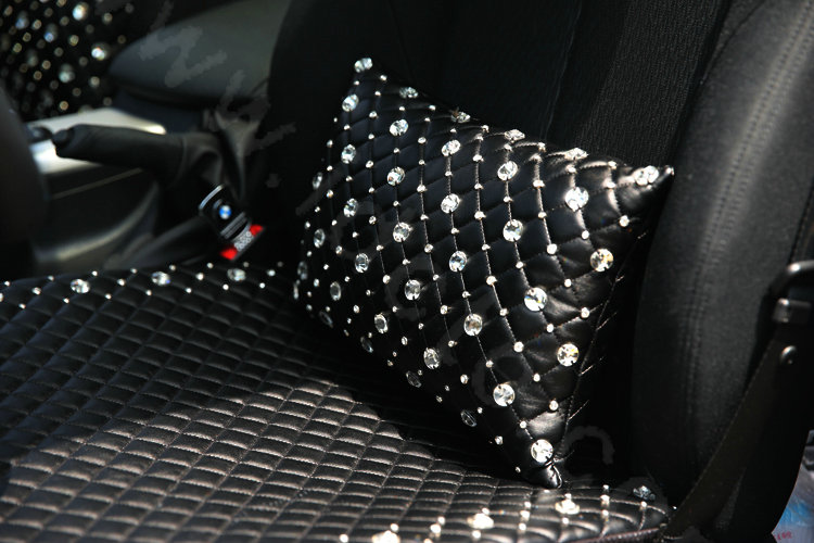 Unique Full Rhinestone Auto Lumbar Pillow Genuine Sheepskin Support Cushion 1pcs - Black