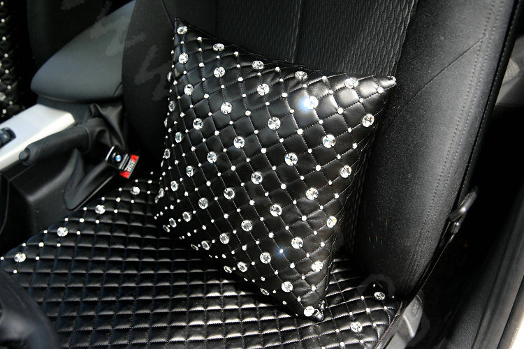 Unique Full Rhinestone Auto Lumbar Pillow Genuine Sheepskin Support Cushion 1pcs - Black