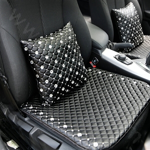 Unique Full Rhinestone Auto Lumbar Pillow Genuine Sheepskin Support Cushion 1pcs - Black