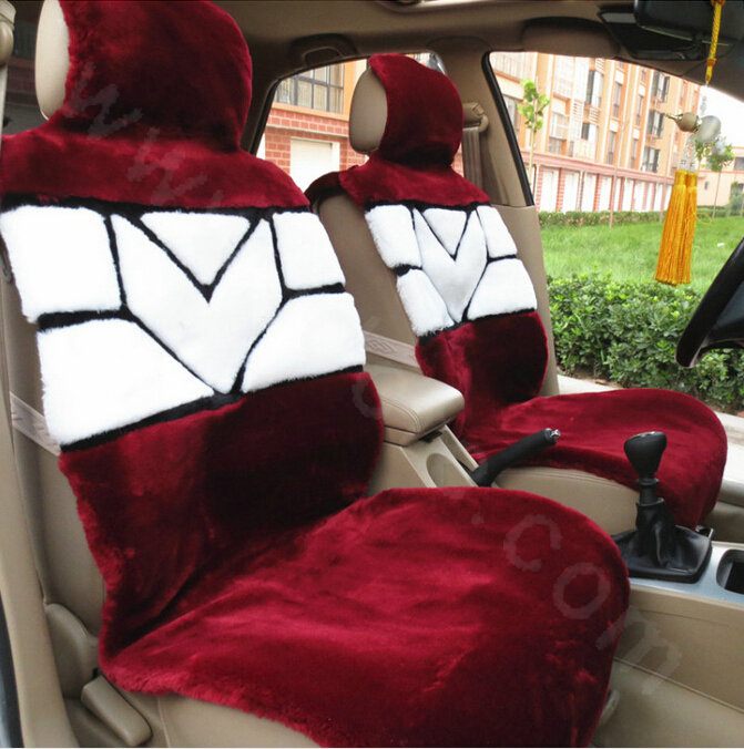 Unique Pattern Short Plush Auto Cushion Universal Car Seat Covers For Women 5pcs Sets - Wine Red