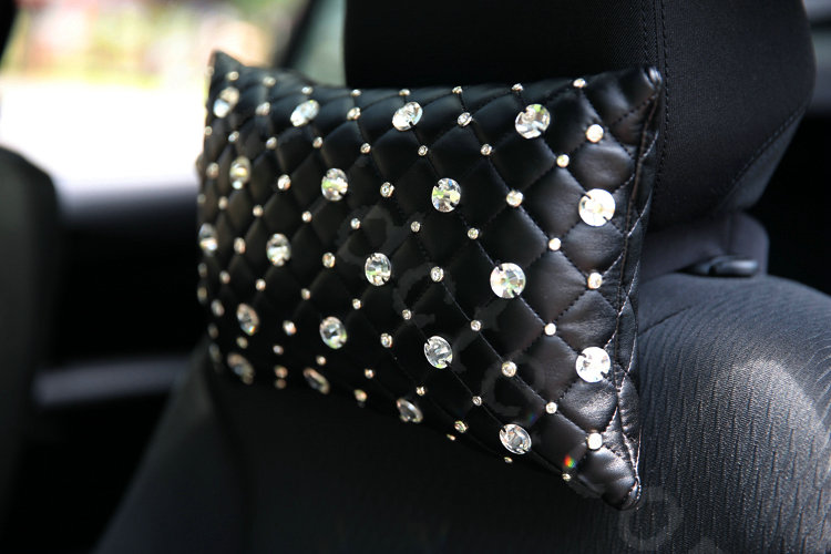Unique Rhinestone Genuine Sheepskin Auto Neck Safety Pillow Car Decoration 1pcs - Black
