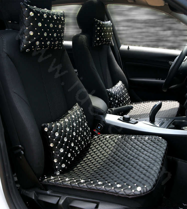 Unique Rhinestone Genuine Sheepskin Auto Neck Safety Pillow Car Decoration 1pcs - Black