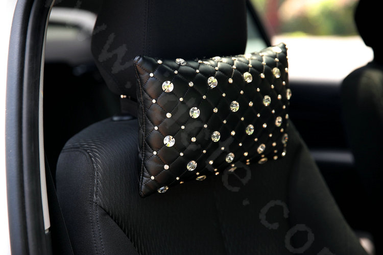 Unique Rhinestone Genuine Sheepskin Auto Neck Safety Pillow Car Decoration 1pcs - Black