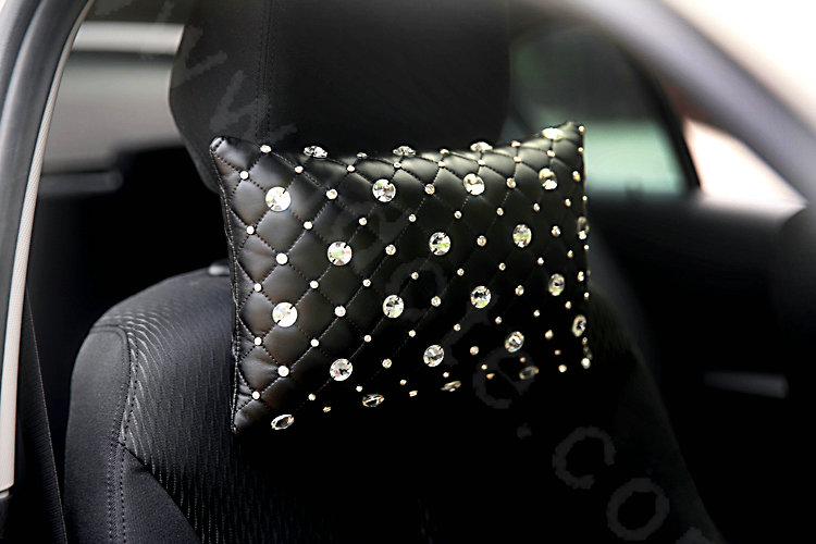 Unique Rhinestone Genuine Sheepskin Auto Neck Safety Pillow Car Decoration 1pcs - Black
