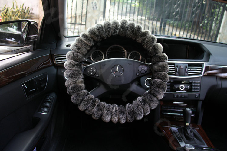 Winter Genuine Wool With Rabbit Fur Auto Steering Wheel Covers 14 inch 36CM - Gray