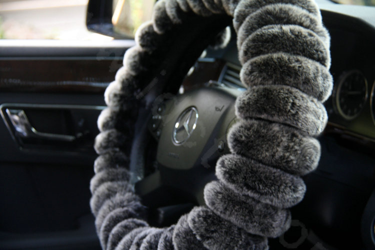 Winter Genuine Wool With Rabbit Fur Auto Steering Wheel Covers 14 inch 36CM - Gray