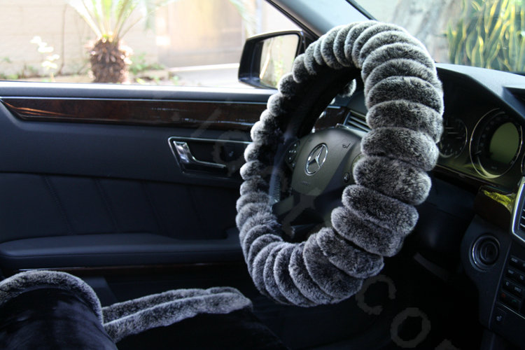 Winter Genuine Wool With Rabbit Fur Auto Steering Wheel Covers 14 inch 36CM - Gray