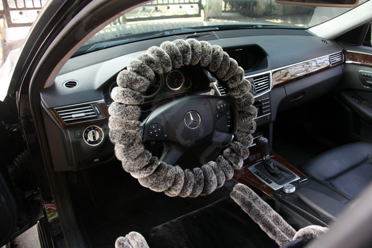 Winter Genuine Wool With Rabbit Fur Auto Steering Wheel Covers 14 inch 36CM - Gray