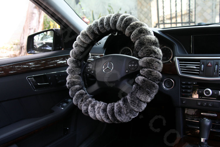 Winter Genuine Wool With Rabbit Fur Auto Steering Wheel Covers 15 inch 38CM - Gray