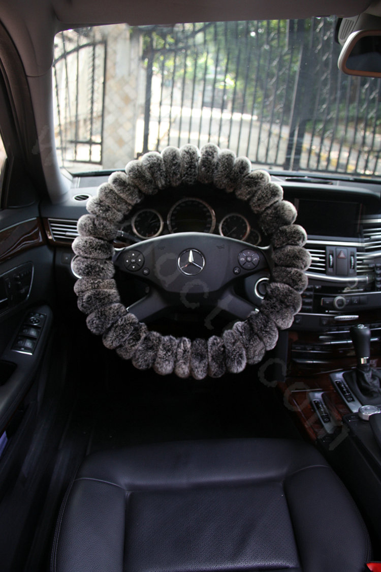 Winter Genuine Wool With Rabbit Fur Auto Steering Wheel Covers 15 inch 38CM - Gray