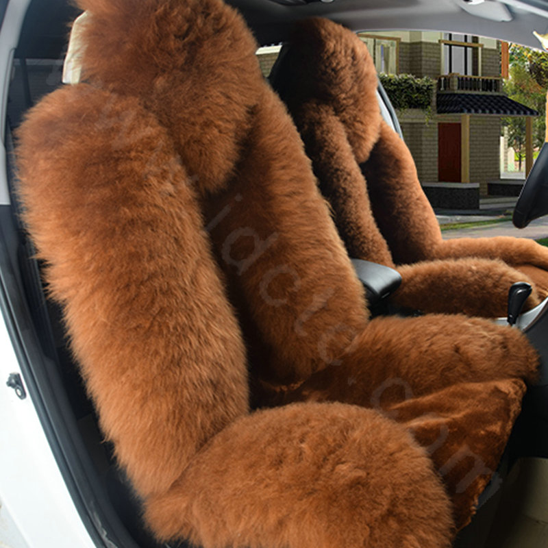Winter Long Wool Auto Cushion Universal Genuine Sheepskin Car Seat Covers 4pcs Sets - Brown