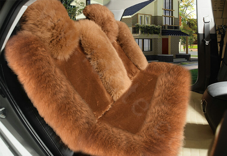 Winter Long Wool Auto Cushion Universal Genuine Sheepskin Car Seat Covers 4pcs Sets - Brown