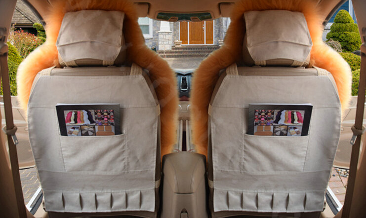 Winter Long Wool Auto Cushion Universal Genuine Sheepskin Car Seat Covers 4pcs Sets - Brown