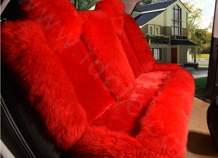 Winter Long Wool Auto Cushion Universal Genuine Sheepskin Car Seat Covers 4pcs Sets - Red