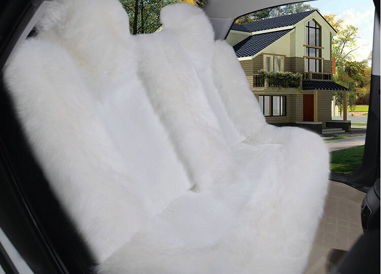 Winter Long Wool Auto Cushion Universal Genuine Sheepskin Car Seat Covers 4pcs Sets - White