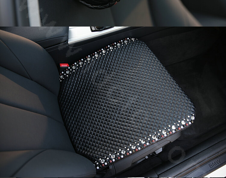 Women Crystal Beaded Universal Car Seat Cushion Pearl Genuine Sheepskin Pad 1pcs - Black
