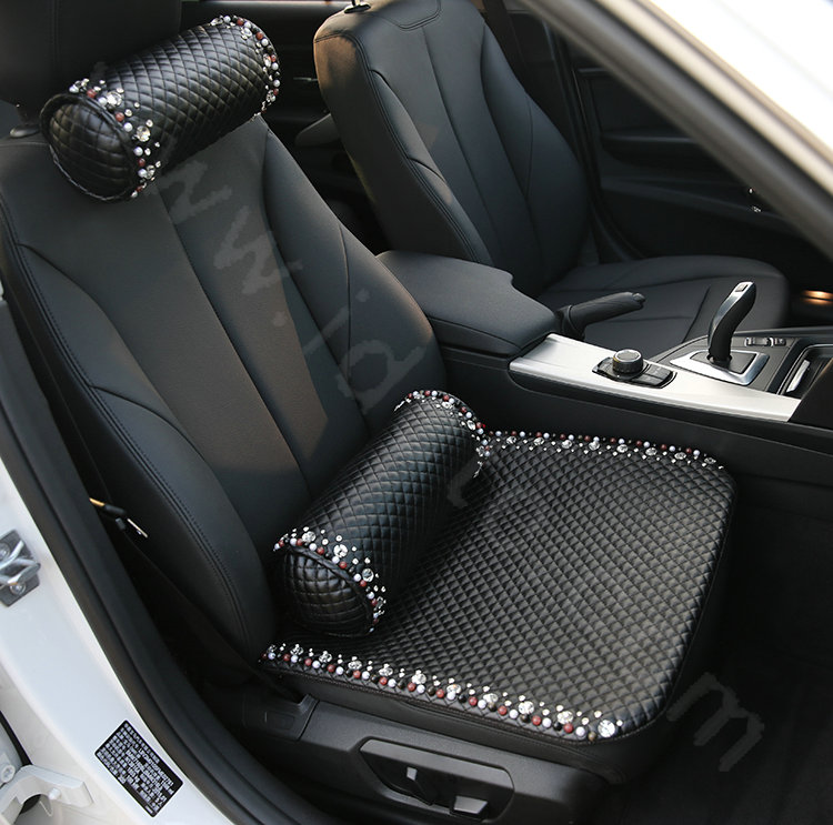 Women Crystal Beaded Universal Car Seat Cushion Pearl Genuine Sheepskin Pad 1pcs - Black